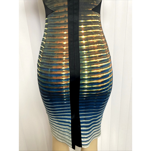 Karen Millen Dress Sheath V Neck Cap Sleeve Blue Striped Fitted Knee Length 4 S - Picture 4 of 9